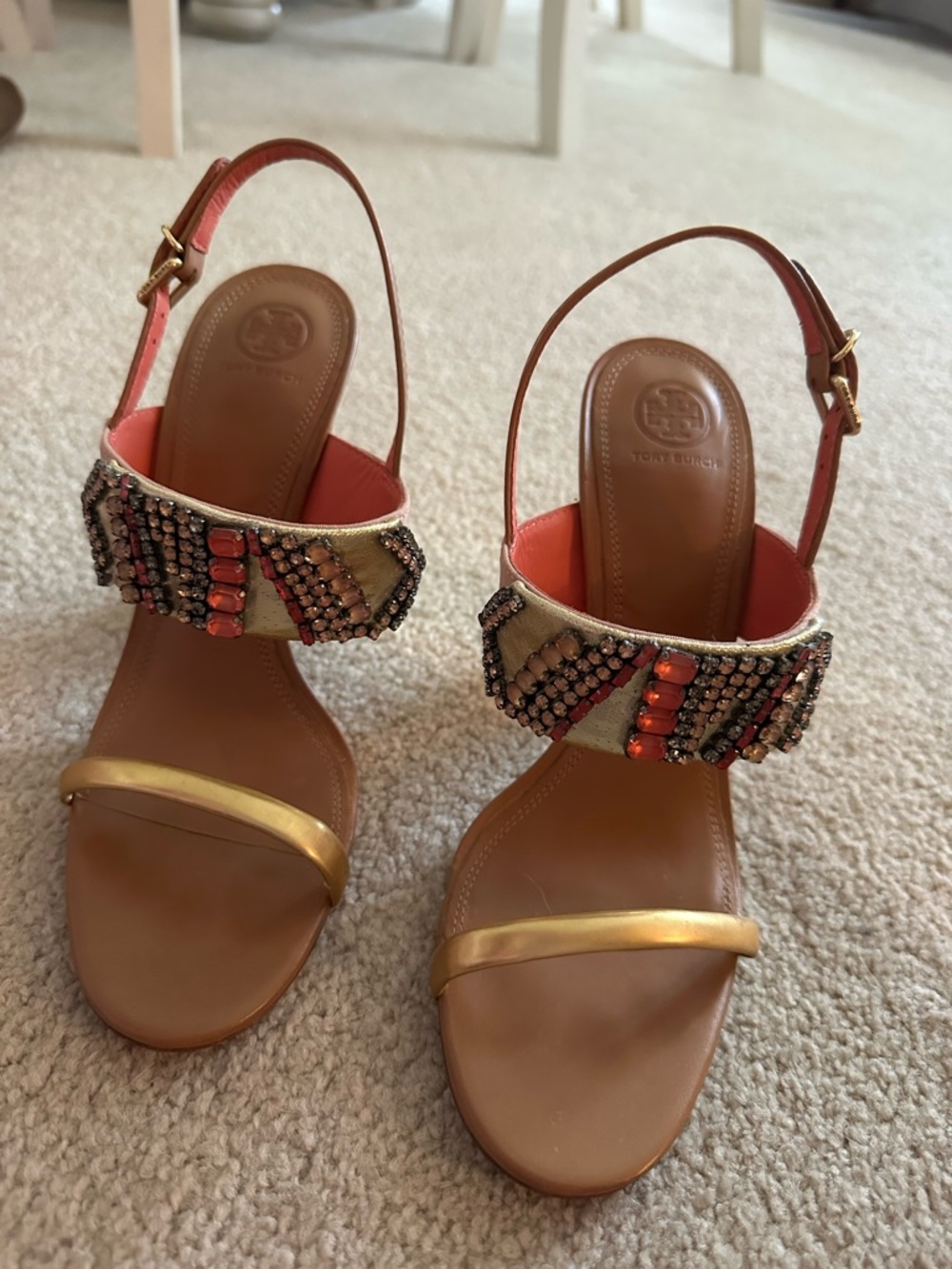 Tory Burch Coral, Gold & Tan Beaded Slingback Heels